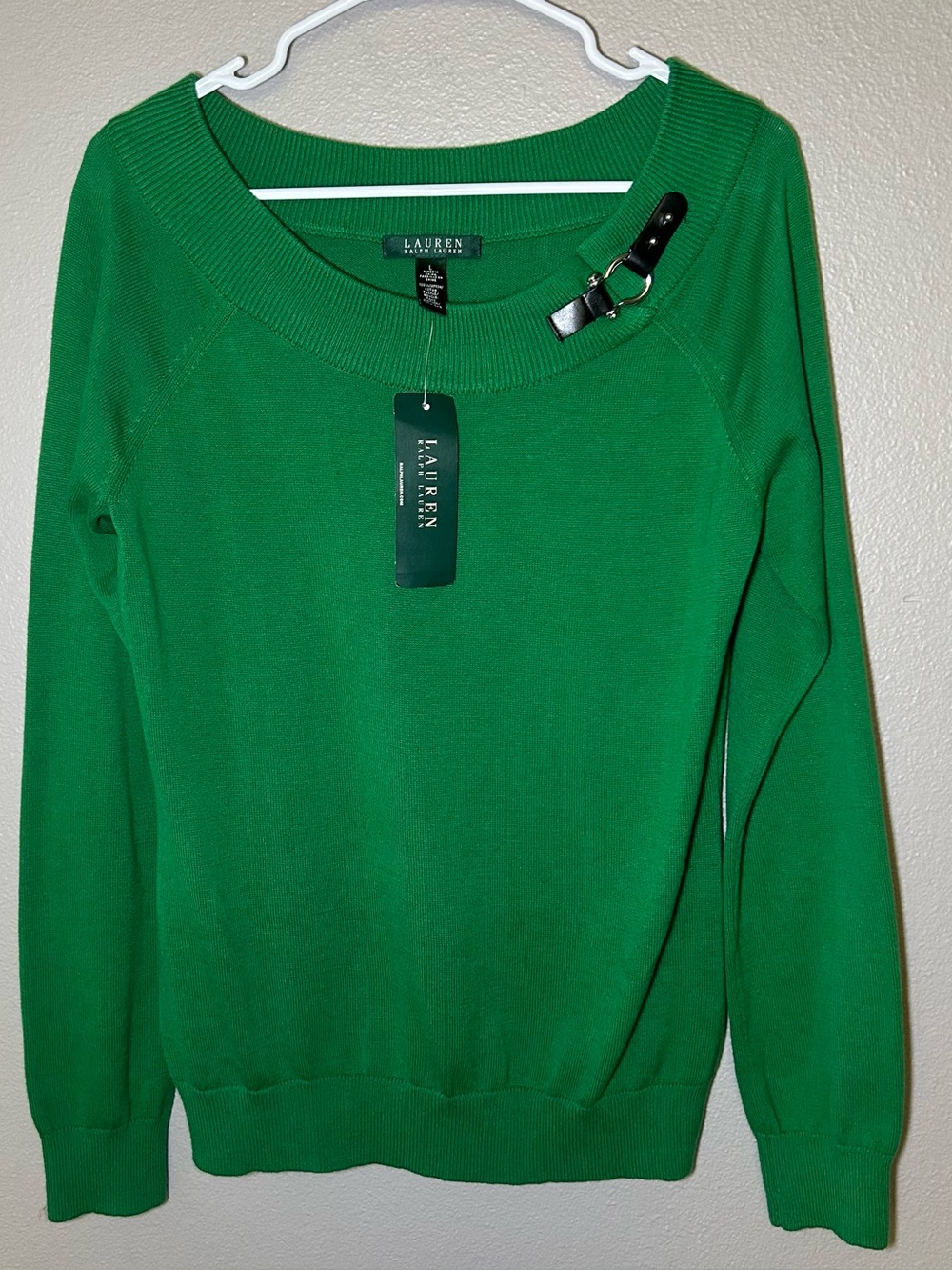 NEW Ralph Lauren Green Cotton Ribbed Trim Preppy Pullover Sweater Women’s Large